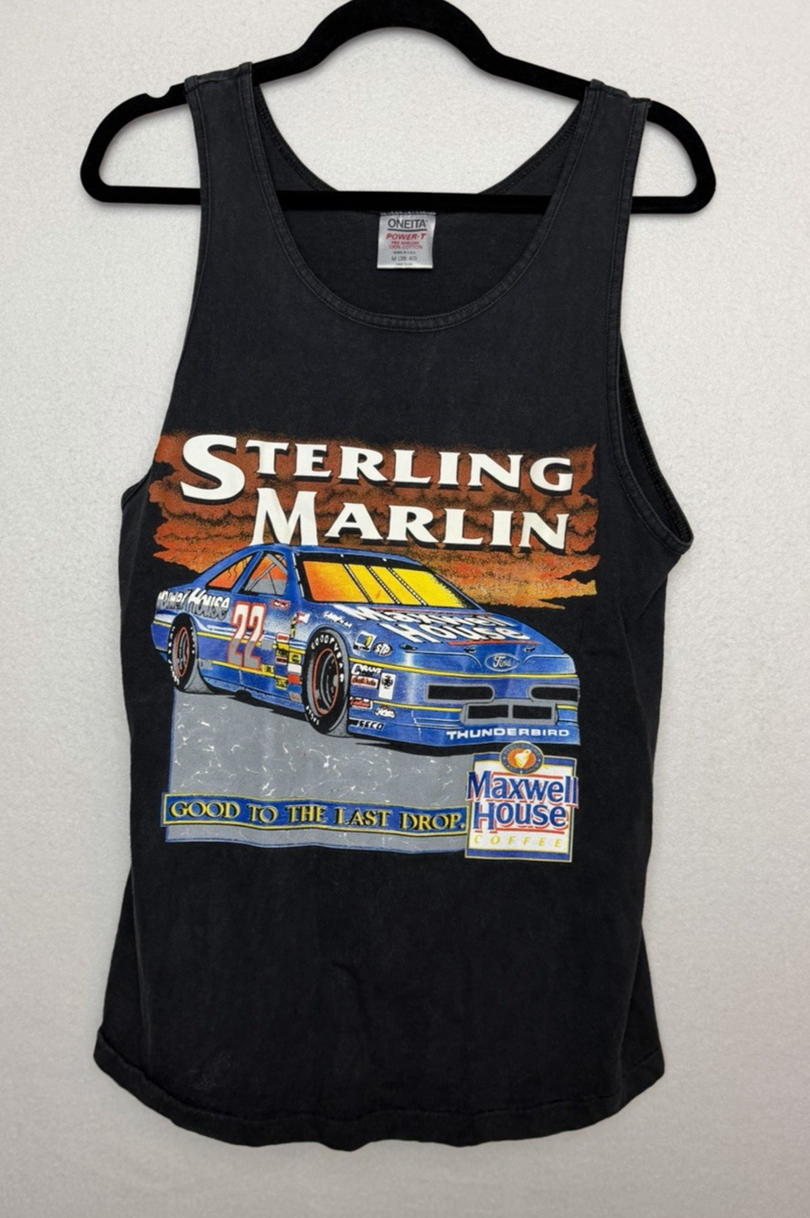 Sterling Marlin Vintage NASCAR Black Tank Top Shirt Size M Maxwell House